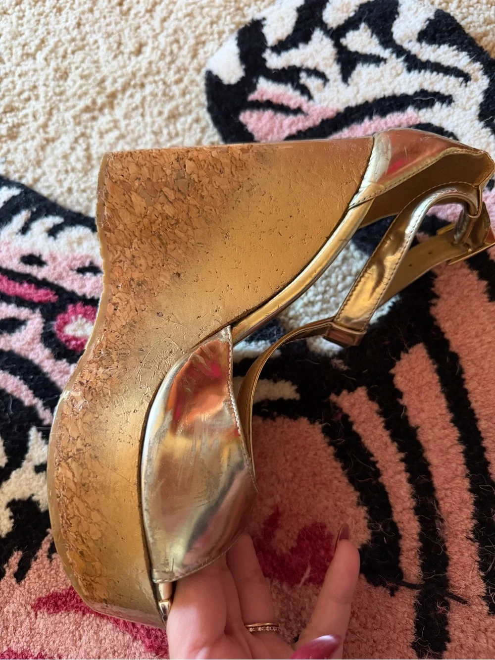 Jimmy Choo Metallic Gold Wedge Sandals with Ankle Strap